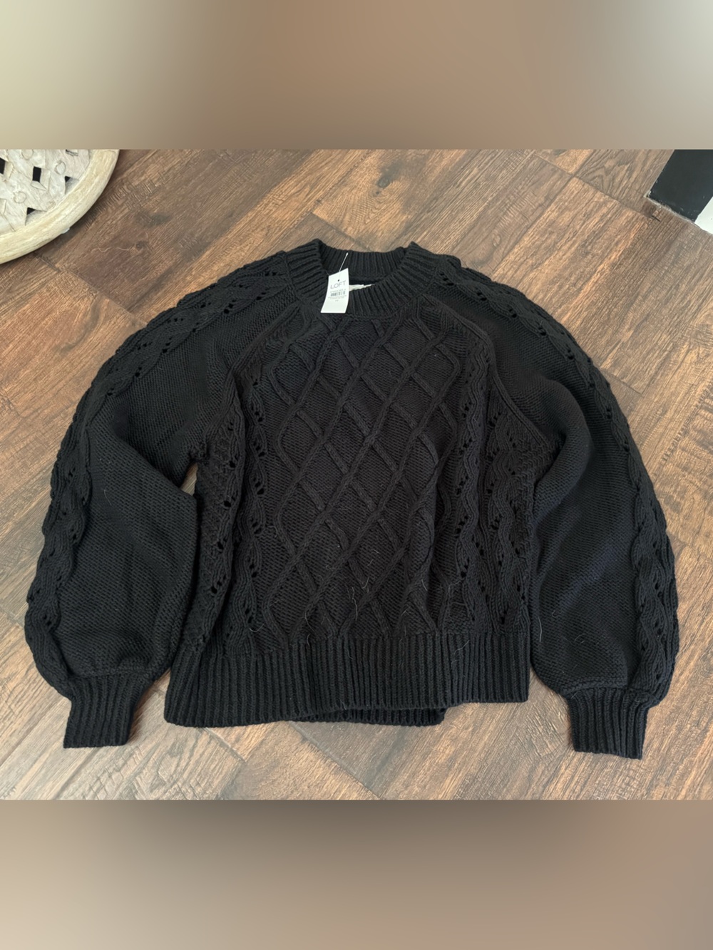 LOFT Black Cable Knit Crewneck Sweater NWT